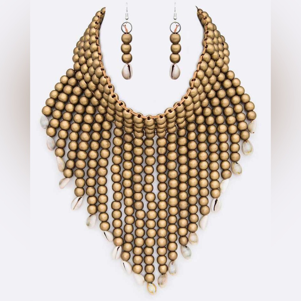 Gold Wooden Ball Beaded Statement Necklace Set